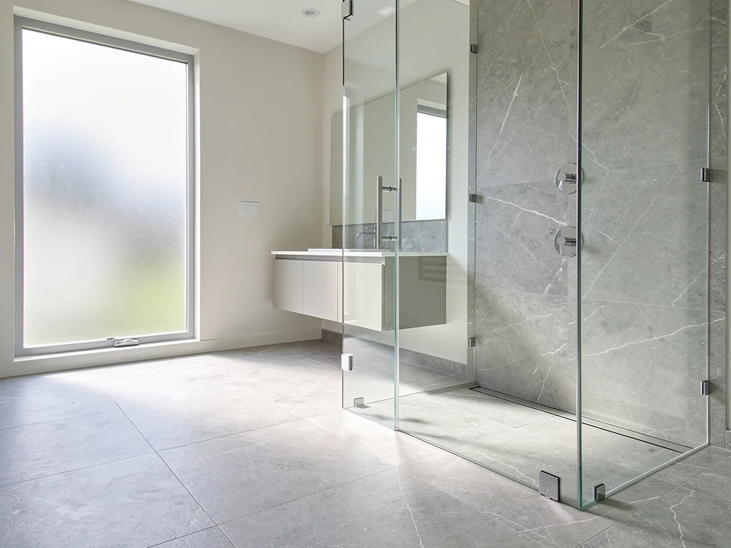 Salle de bain refaite avec douche à l'italienne et carrelage effet pierre