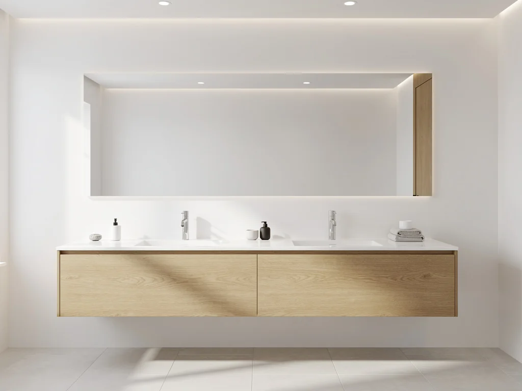 Meuble double vasque suspendu et grand miroir dans une salle de bain claire