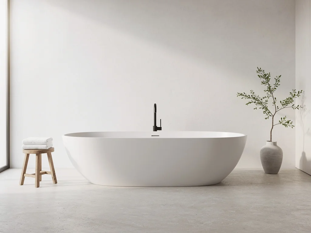 Baignoire îlot et robinetterie noire dans une salle de bain rénovée